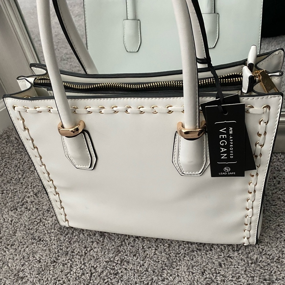 White and Gold Structured Hand Bag